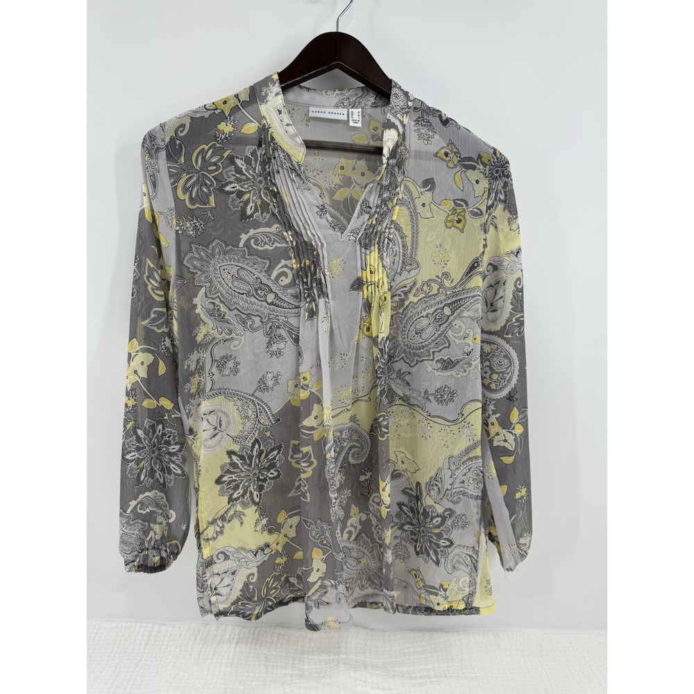 Susan Graver Chiffon Flowy Semi Sheer Tunic Top Pintucked V-Neck Yellow Size M